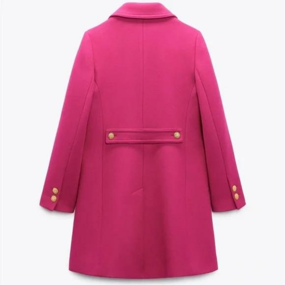 ZARA LIMITED EDITION FUCHSIA WOOL COAT GOLD BUTTONS - Picture 6 of 8
